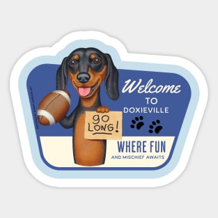 Fun Doxie Dog throwing a football and going long Sticker